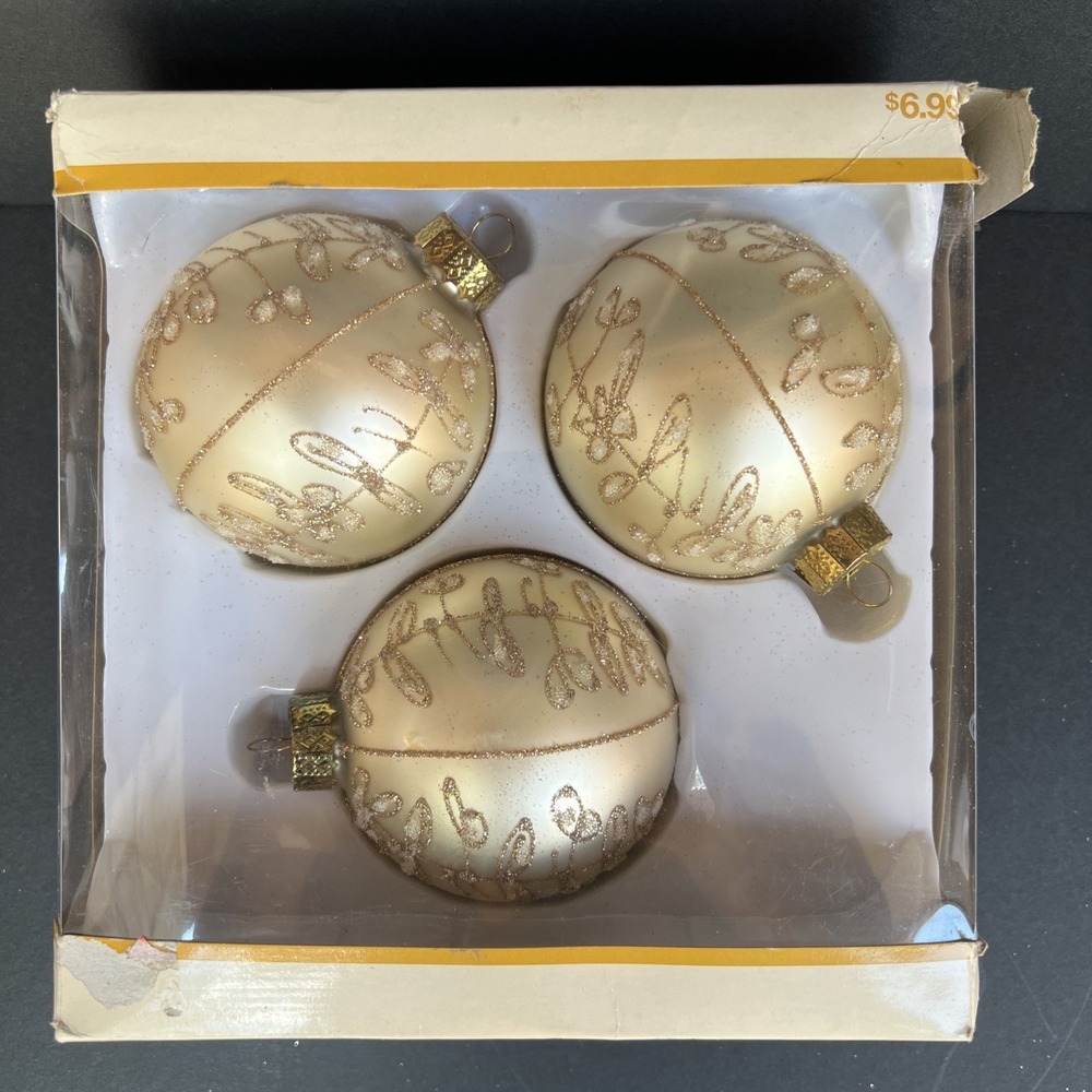 VTG Garden Ridge LRG 4" Glass Ball Gold Glitter Stenciled Ornaments Set 3 In Box
